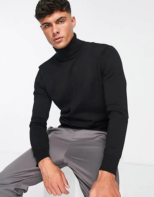 Brave Soul cotton roll neck jumper in black