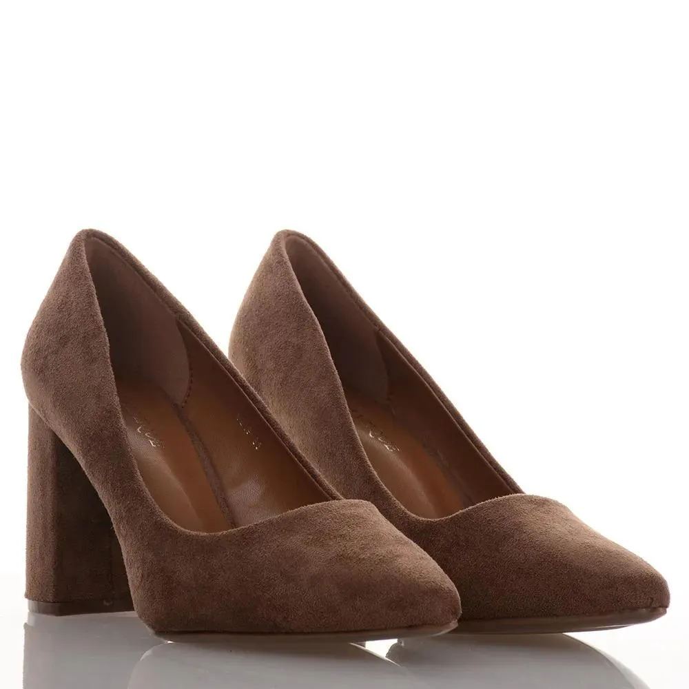 Καφέ Γόβες Σουέντ Με χοντρό Τακούνι Famous