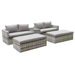 ASCOT Set Wicker Alu, Καναπές 4Θέσιος+2 σκαμπό+Τραπεζάκι, Wicker Grey White, Μαξιλ.Μπεζ