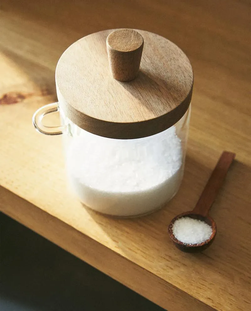 BOROSILICATE GLASS AND WOOD SUGAR BOWL
