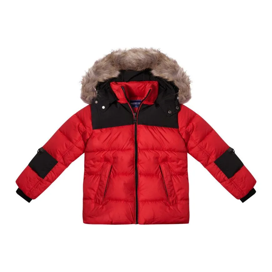 Χειμερινό μπουφάν για αγόρι σε κόκκινο-μαύρο χρώμα με γούνινη οικολογική επένδυση -32.RPG6062K