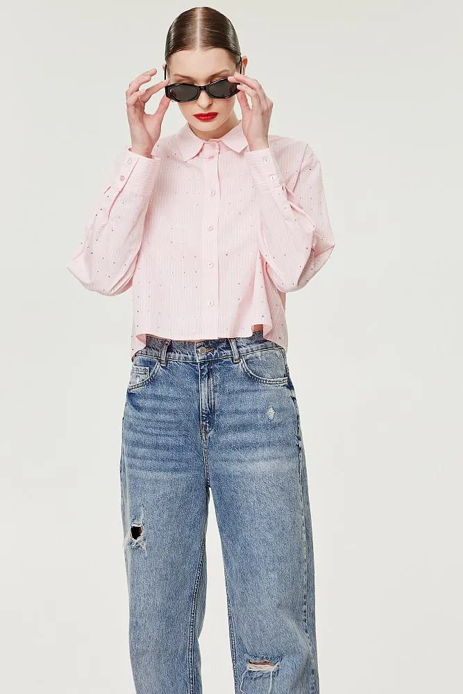 Striped crop shirt with rhinestones