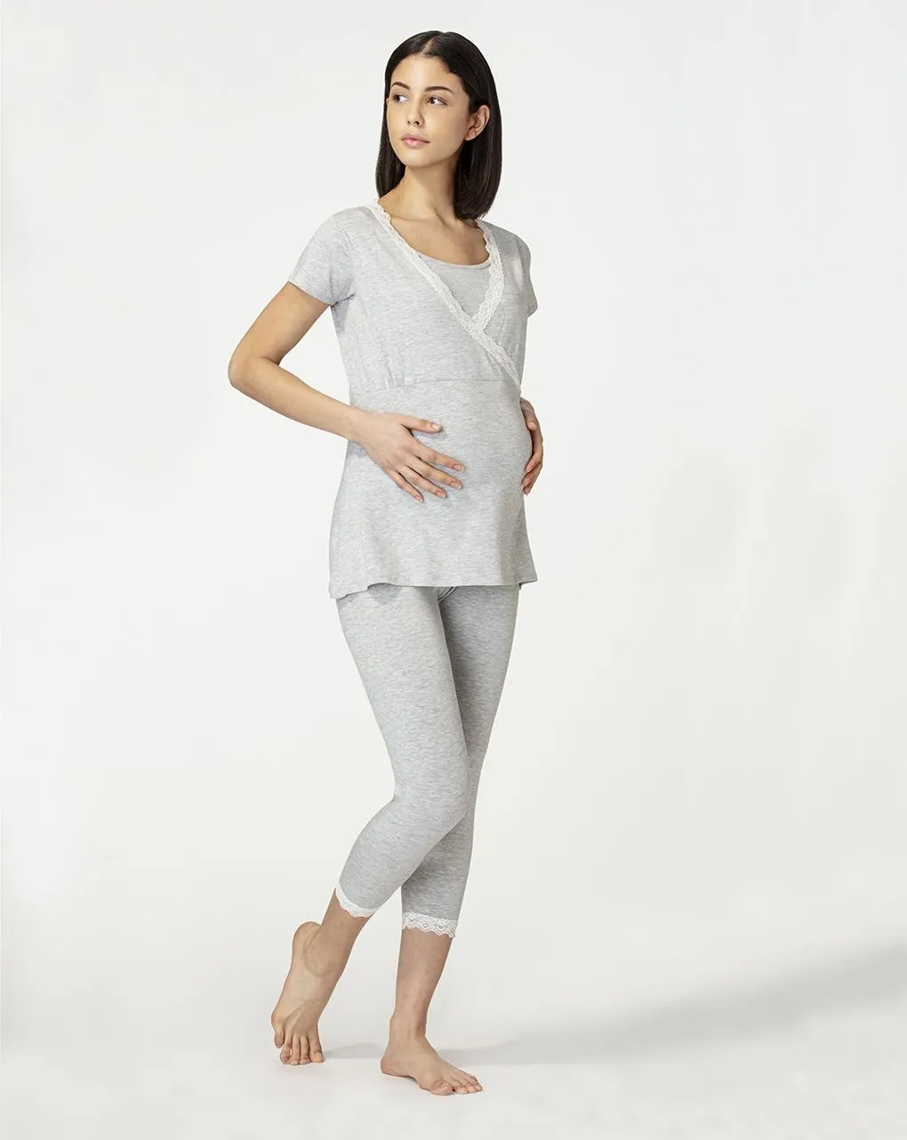 Γυναικεία πιτζάμα θηλασμού κοντομάνικη με δαντέλα
