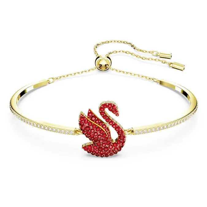 Άκαμπτο βραχιόλι Swarovski Iconic Swan Κύκνος, Mεσαίο, Κόκκινο, Επιμετάλλωση σε χρυσαφί τόνο