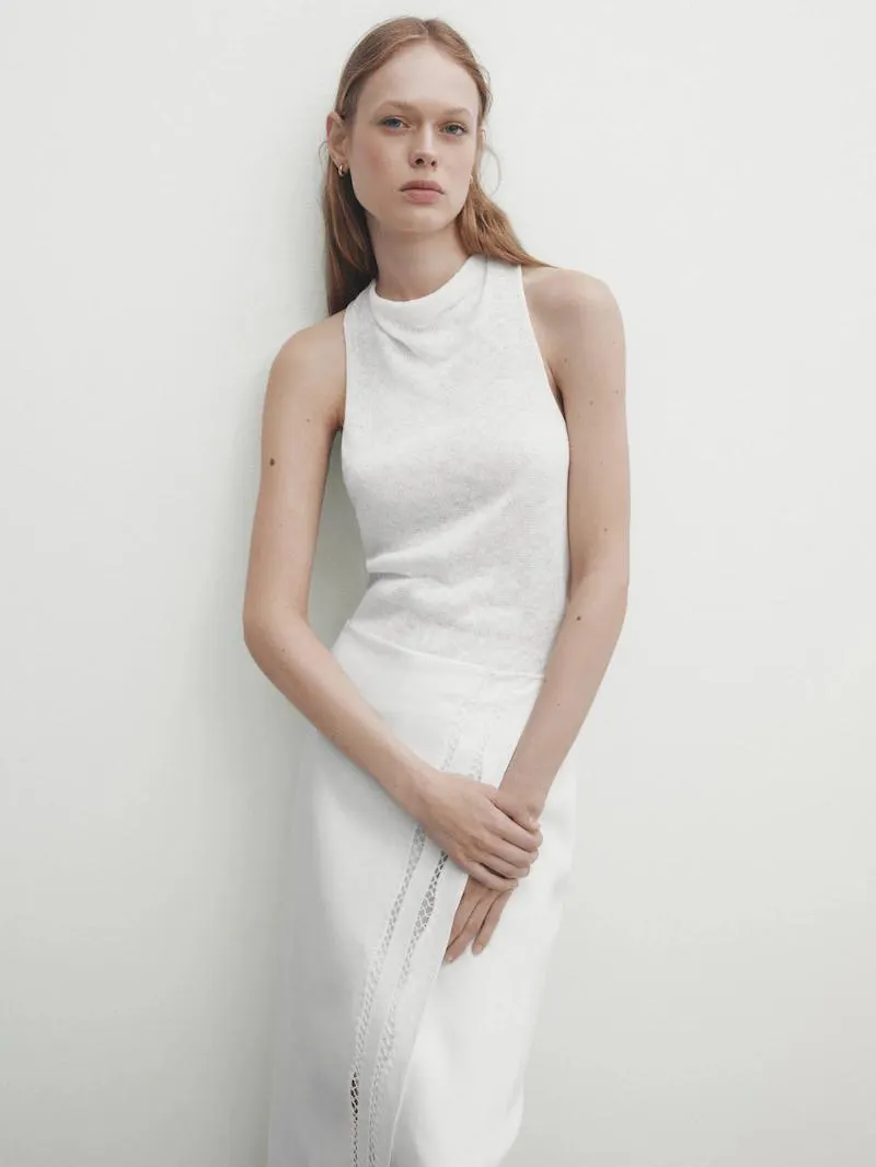 Linen wrap midi skirt with embroidery detail