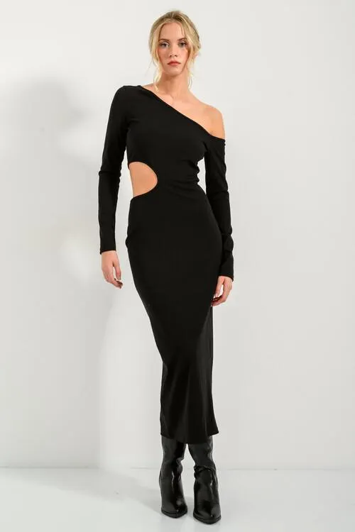 Midi ριπ φόρεμα με ασύμμετρο ντεκολτέ