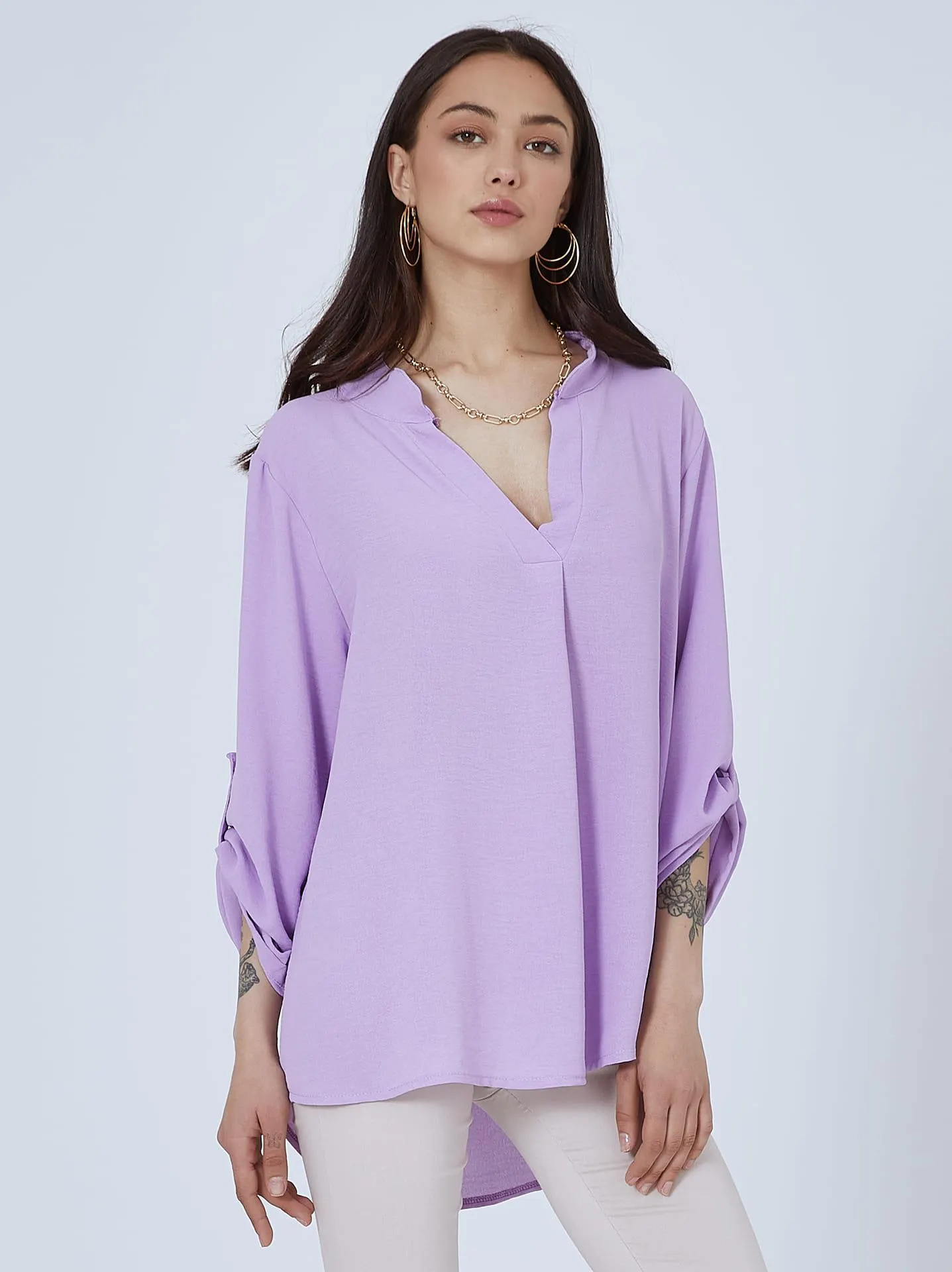 Μονόχρωμη μπλούζα με πιέτα σε μωβ ανοιχτό