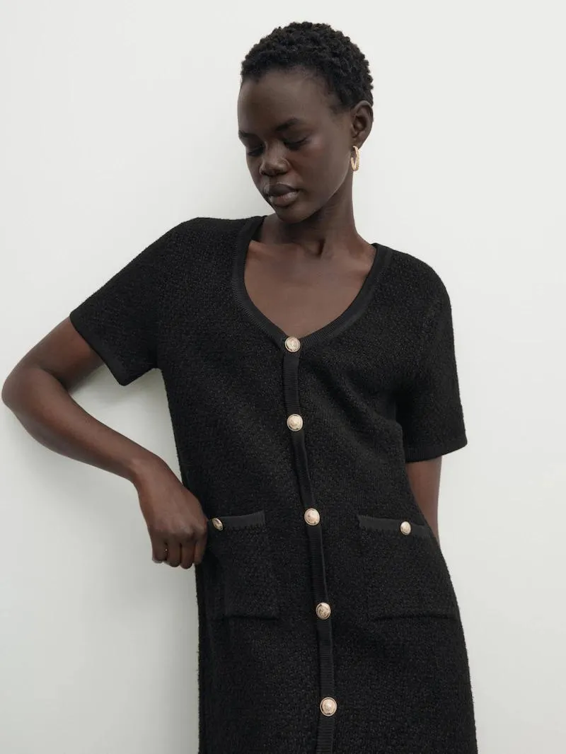 Short knit mini bouclé dress with buttons