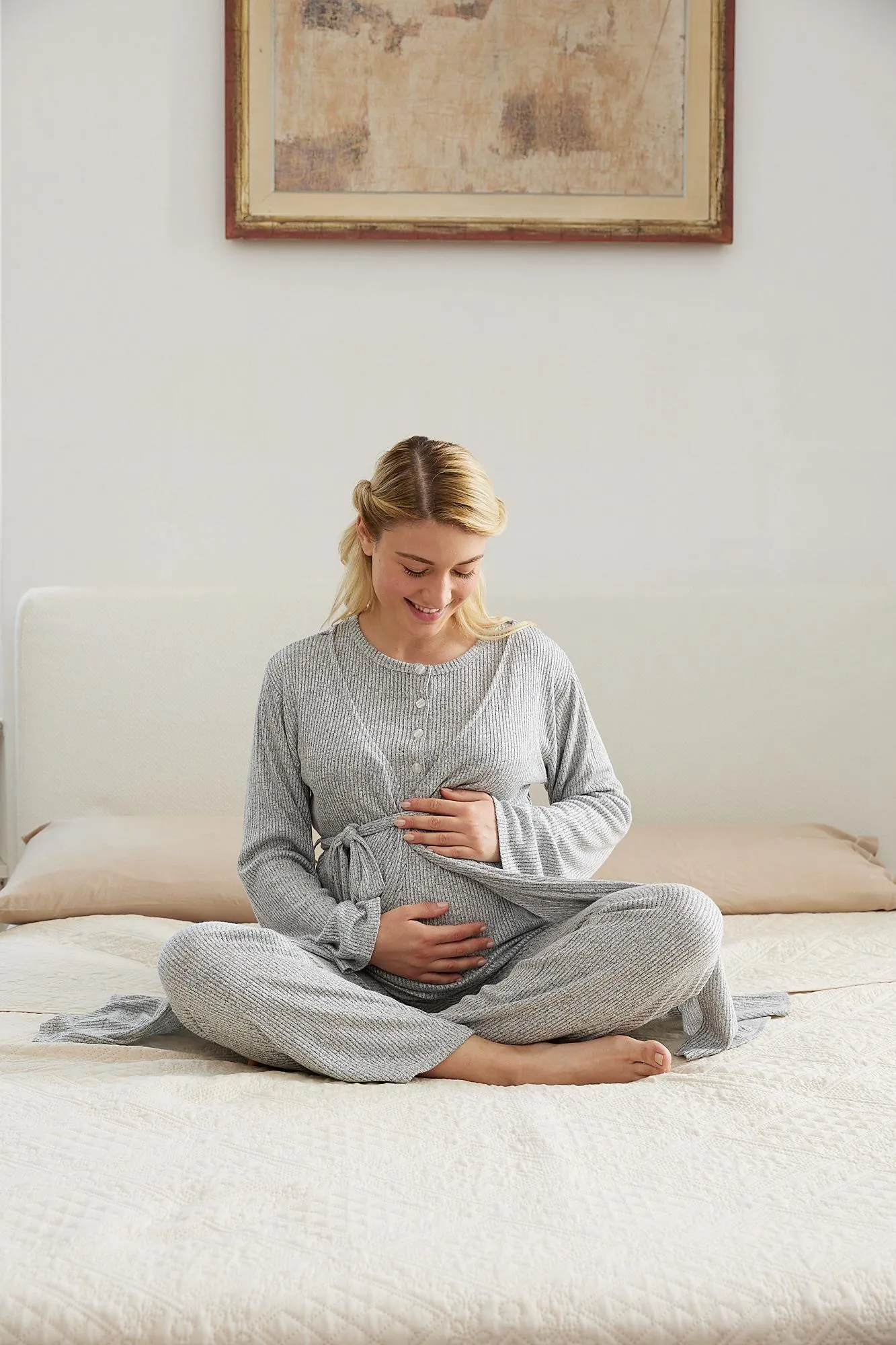 Γυναικεία ρόμπα εγκυμοσύνης/θηλασμού γκρι ριμπ