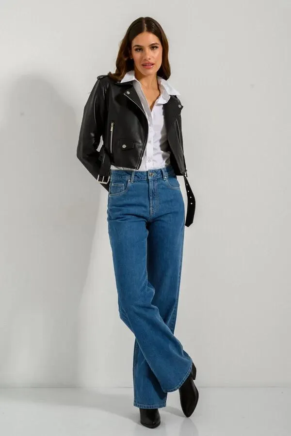 Κροπ biker jacket σε όψη δερματίνης