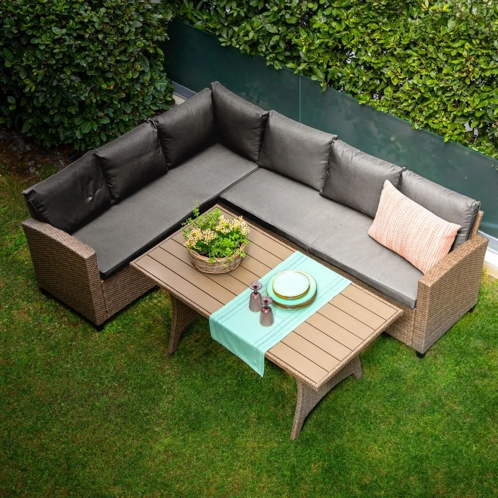 OUTOPIA Σετ καθιστικού κήπου γωνιακό 3τμχ. Natural - Γκρι μαξιλάρια