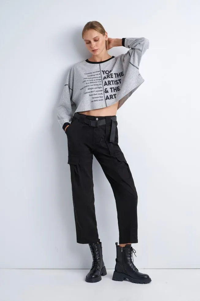 Μπλούζα cropped με τύπωμα - Grey melange