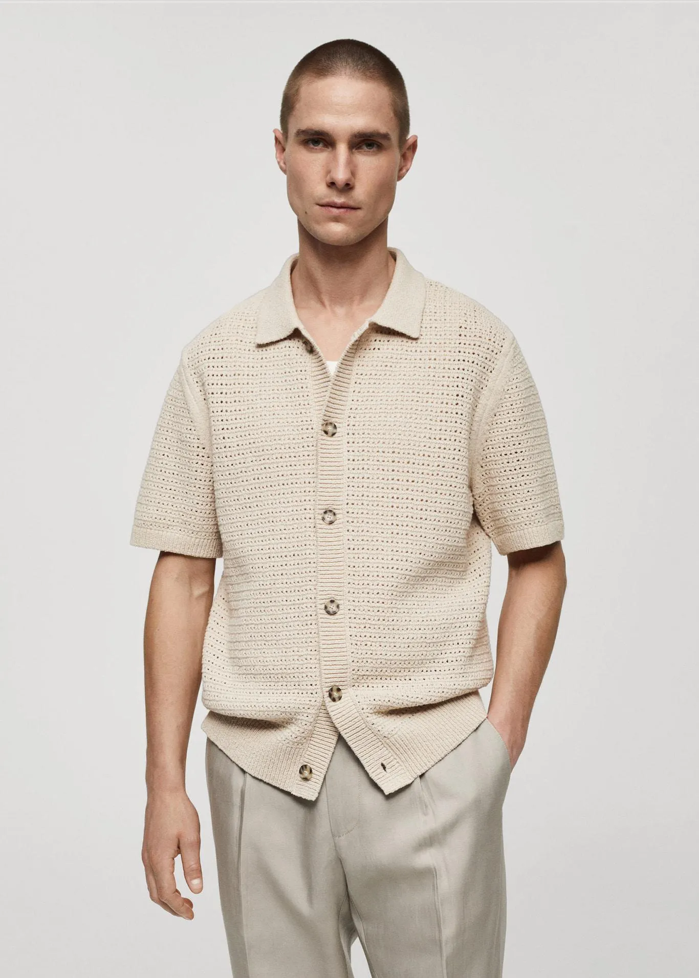 Openwork knit polo with buttons