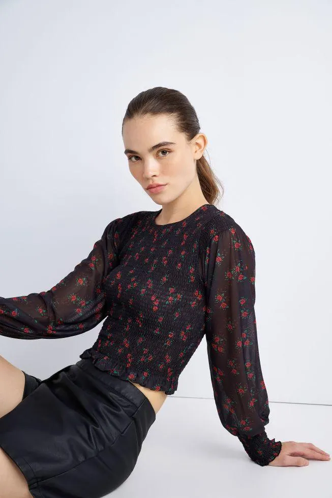 Μπλούζα φλοράλ με σφηκοφωλιά - Black