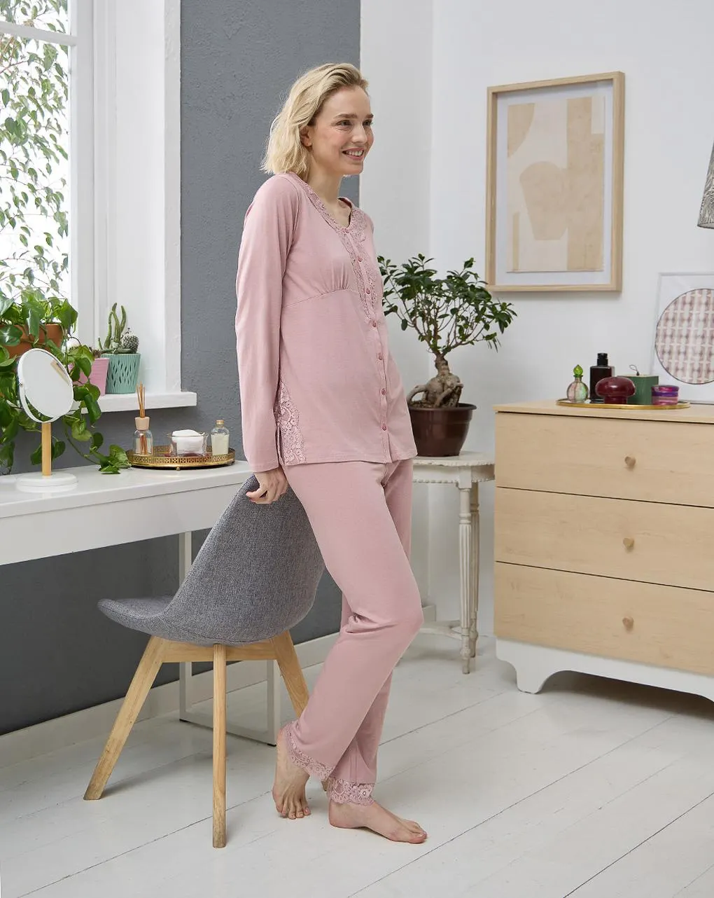 Γυναικεία πιτζάμα εγκυμοσύνης/θηλασμού dusty pink