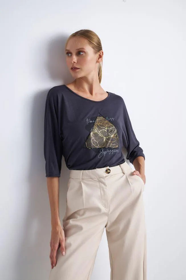 Μπλούζα με στάμπα μανίκι νυχτερίδα - Almost black