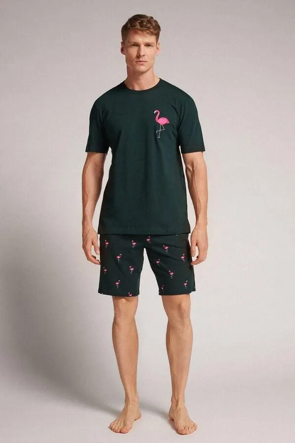 Κοντή Βαμβακερή Πιτζάμα με Print Φλαμίνγκο
