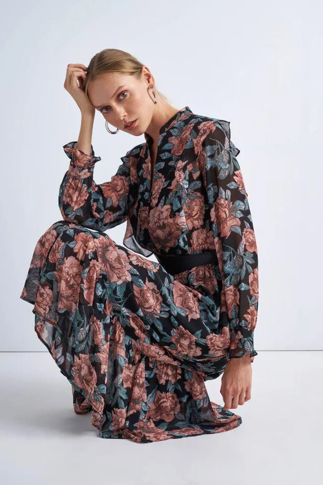 Φόρεμα φλοράλ με ζώνη Black