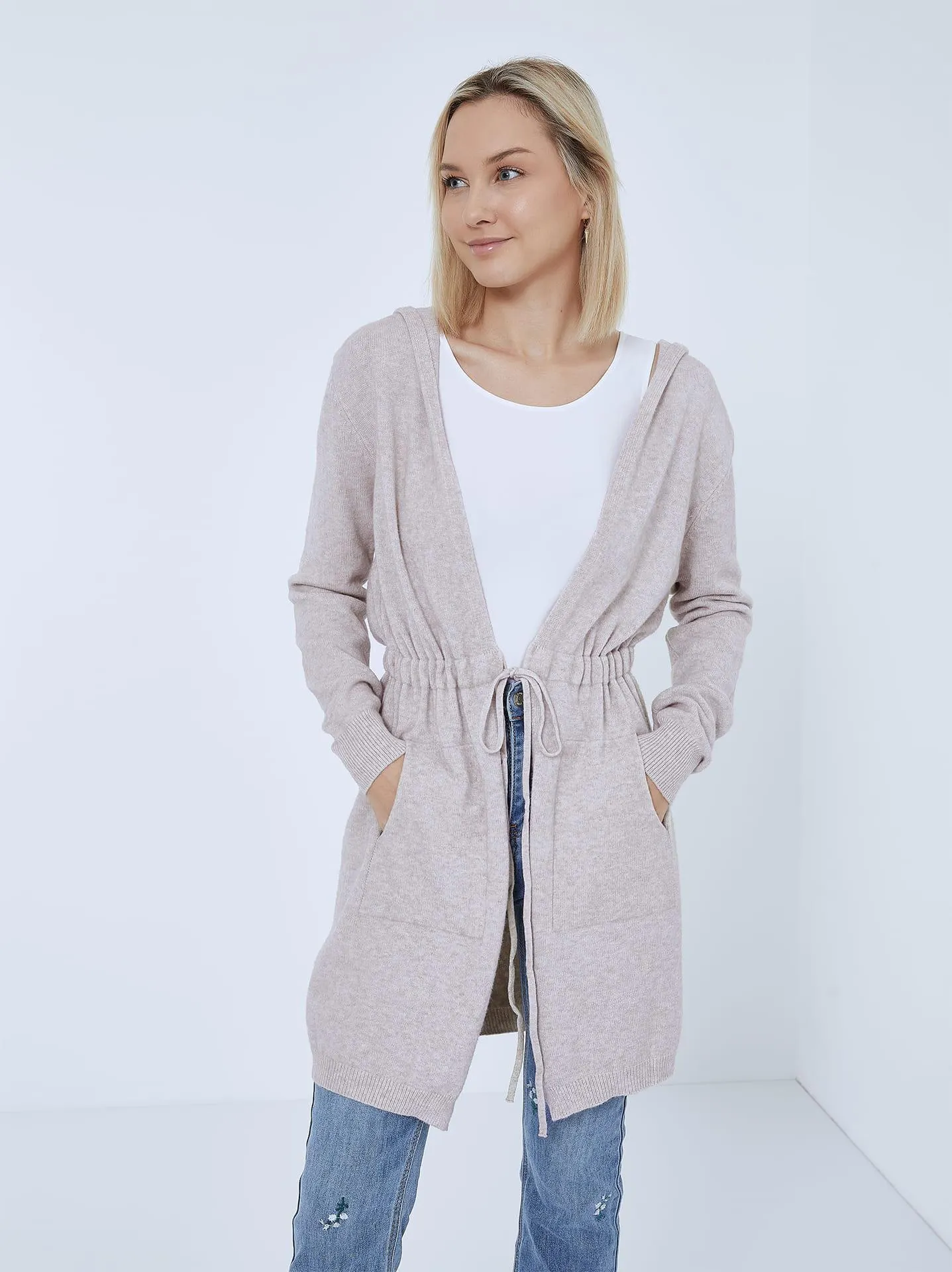 Μακριά ζακέτα με δέσιμο σε μπεζ