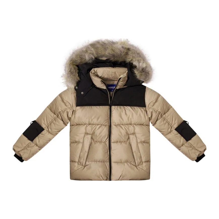Χειμερινό μπουφάν για αγόρι σε μπεζ-μαύρο χρώμα με γούνινη οικολογική επένδυση -32.RPG6062M
