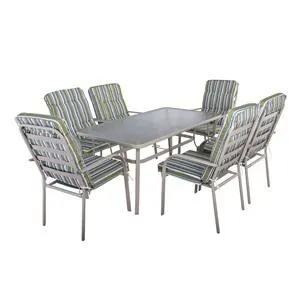 ASTOR Set Τραπεζαρία Κήπου: Τραπέζι + 6 Πολυθρόνες Μέταλλο Εκρού, Γυαλί, Μαξιλάρι Ριγέ