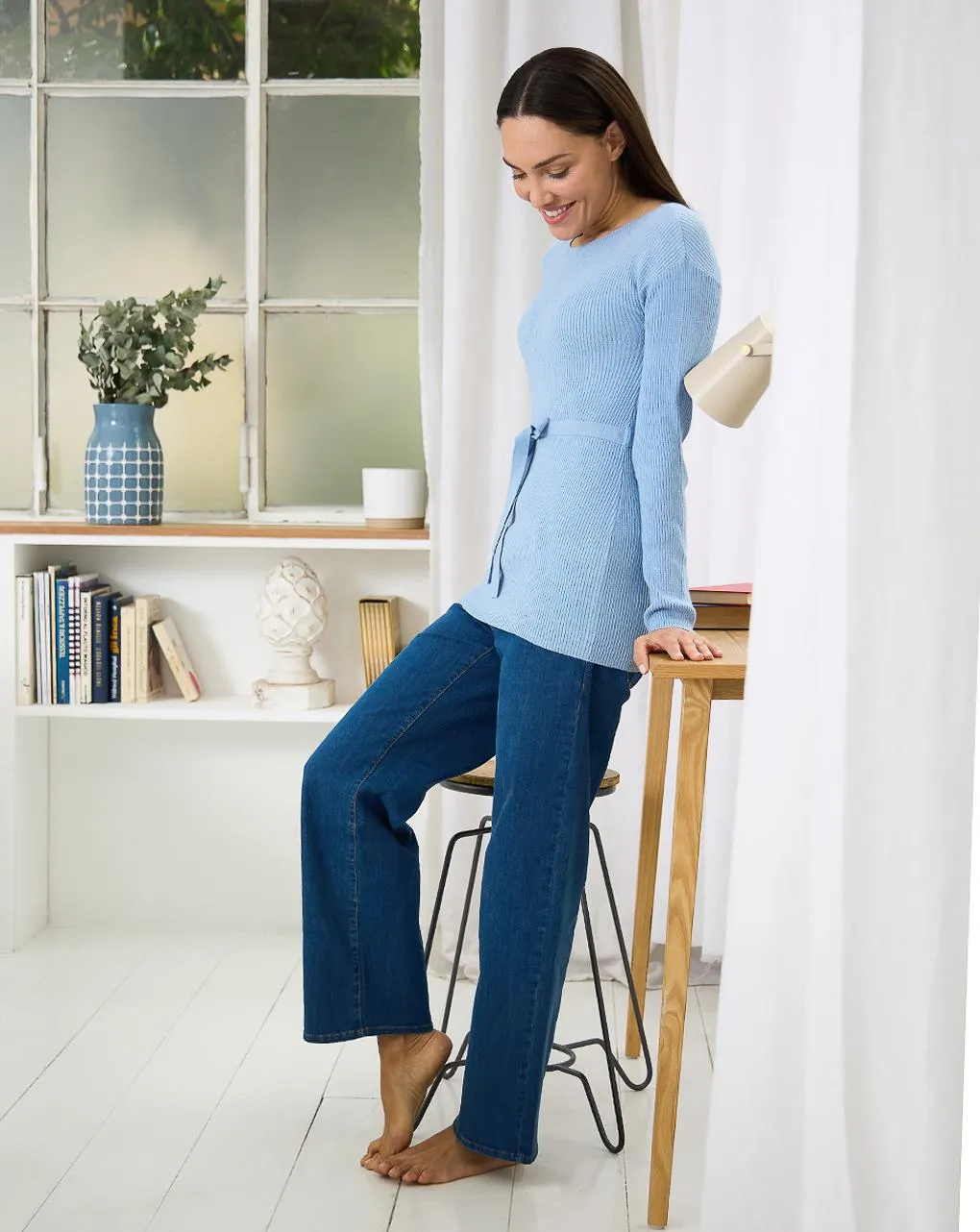 Γυναικεία πλεκτή μπλούζα εγκυμοσύνης γαλάζια με φιόγκο