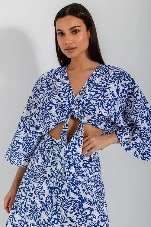 Κροπ φλοράλ broderie πουκάμισο με δέσιμο