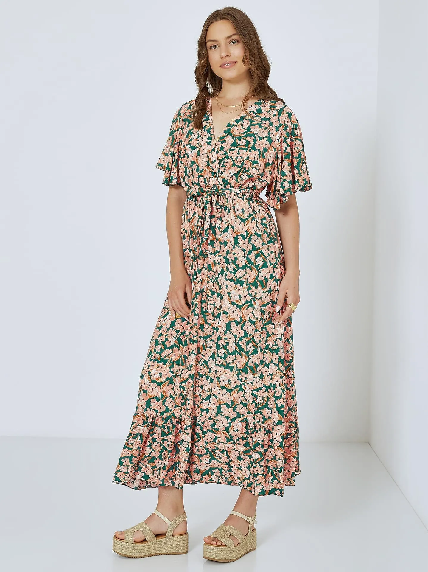 Floral φόρεμα με ζώνη σε πράσινο