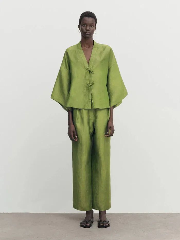 Linen blend kimono blouse with bows