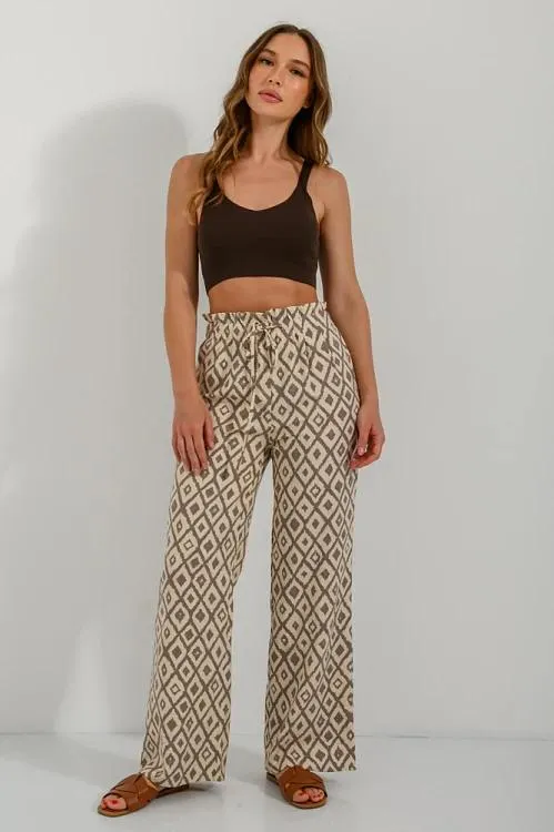Λινή wide leg παντελόνα με print