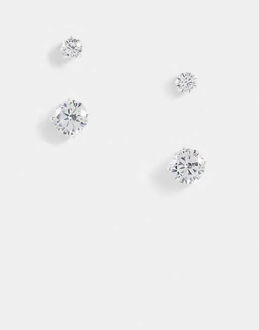 ASOS DESIGN 2 pack stud earring set with crystal in silver tone