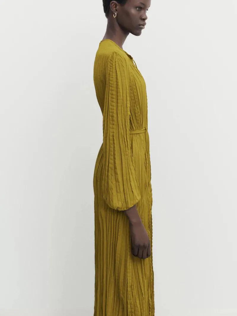 Pleated midi dress with drawstrings