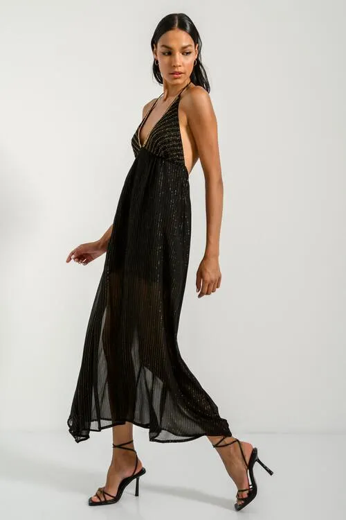 Midi φόρεμα με χρυσοκλωστή και άνοιγμα