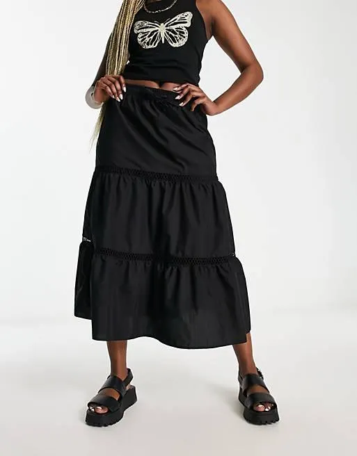 Reclaimed Vintage elasticated waist prairie midi skirt in black