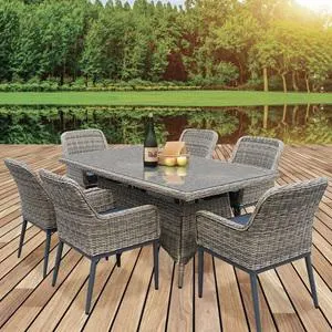 HAVANA Set Τραπεζαρία Κήπου ALU,Wicker Grey Brown-Ανθρακί: Τραπέζι 180x90 + 6 Πολυθρόνες