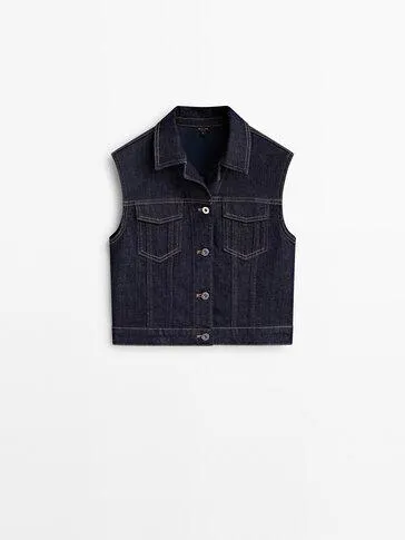 Short rinse wash denim waistcoat with topstitching