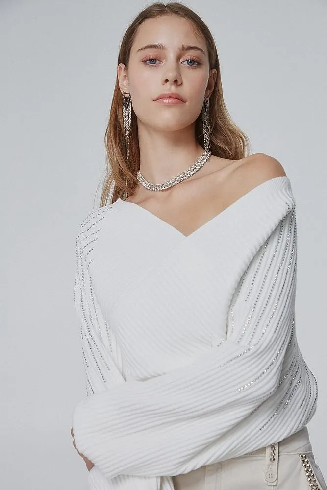 Wrap sweater with rhinestones