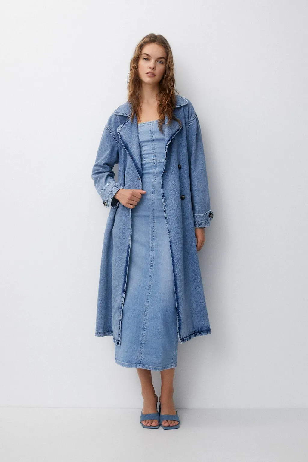 Long denim trench coat