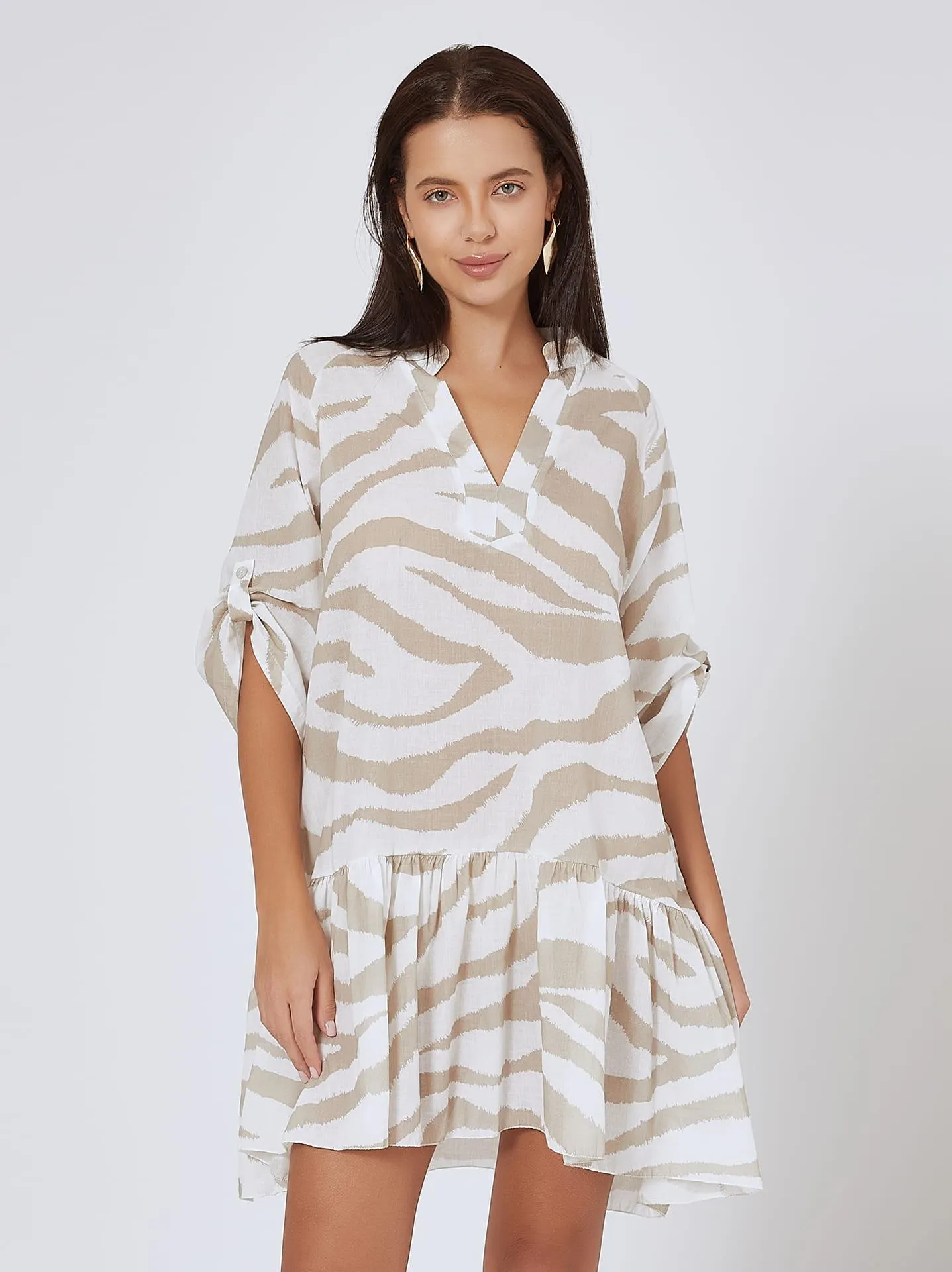 Βαμβακερό φόρεμα καφτάνι σε τύπωμα ζέβρα σε λευκό μπεζ