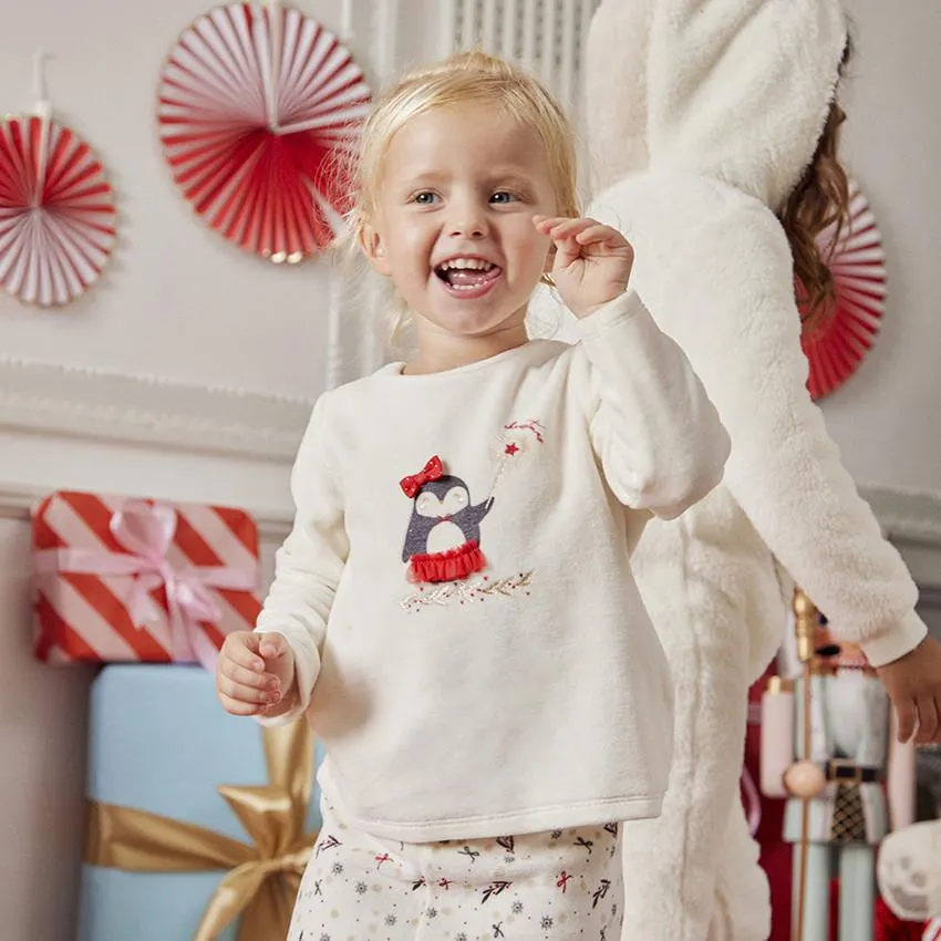 Pyjama 2 pièces pingouin de Noël en velours pour bébé fille