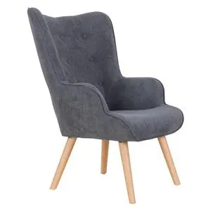 MARON BUTTON Πολυθρόνα Μπερζέρα, Ξύλο Φυσικό Ύφασμα Σκούρο Γκρι