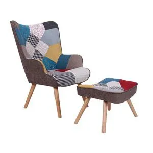 MARON Set: Πολυθρόνα Μπερζέρα + Σκαμπώ Υποπόδιο, Ξύλο Φυσικό, Ύφασμα Patchwork