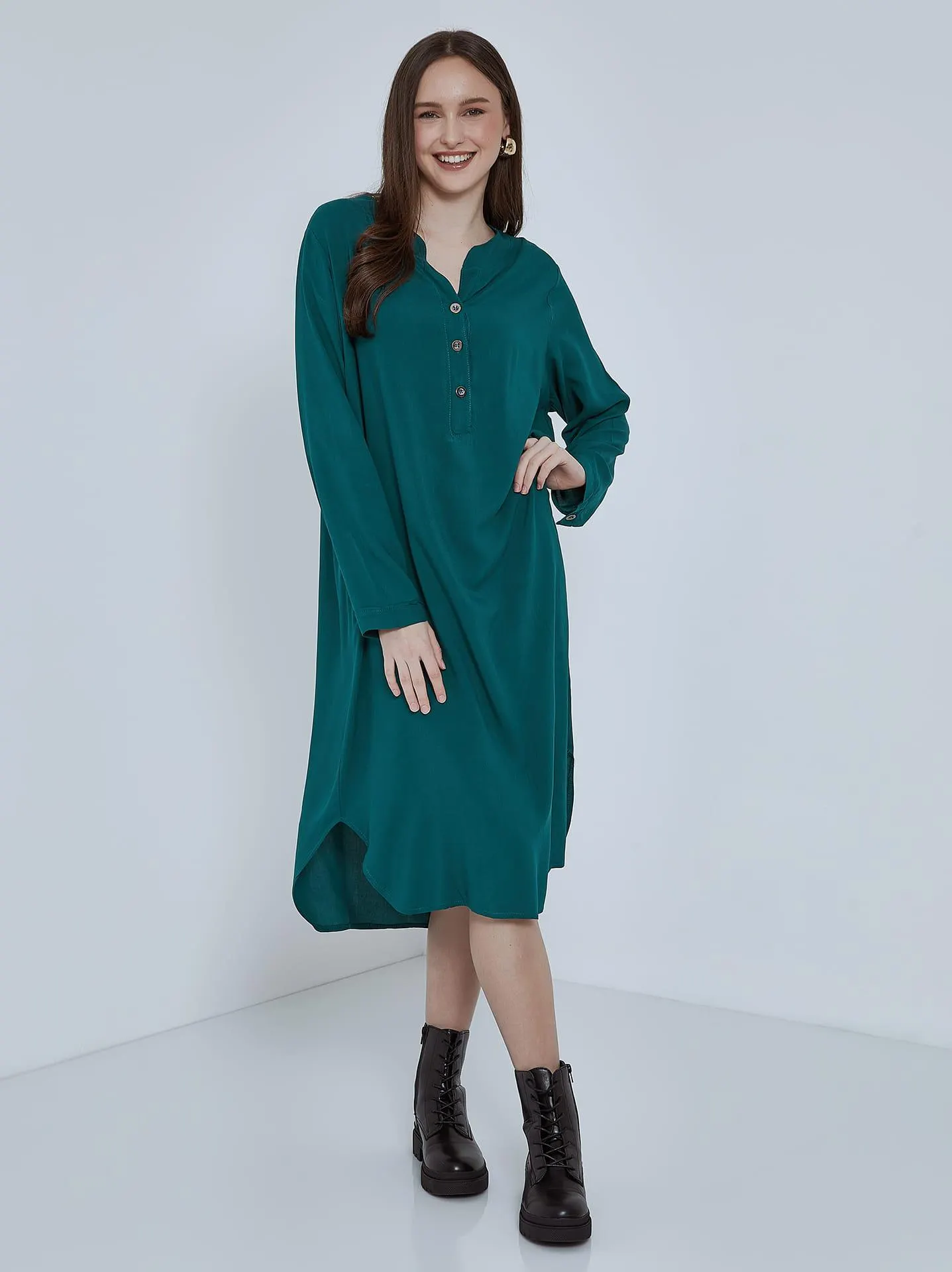 Midi μονόχρωμο φόρεμα σε πετρόλ