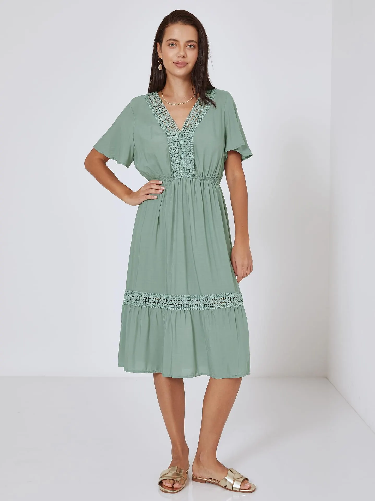 Midi φόρεμα με βαμβάκι σε χακί ανοιχτό