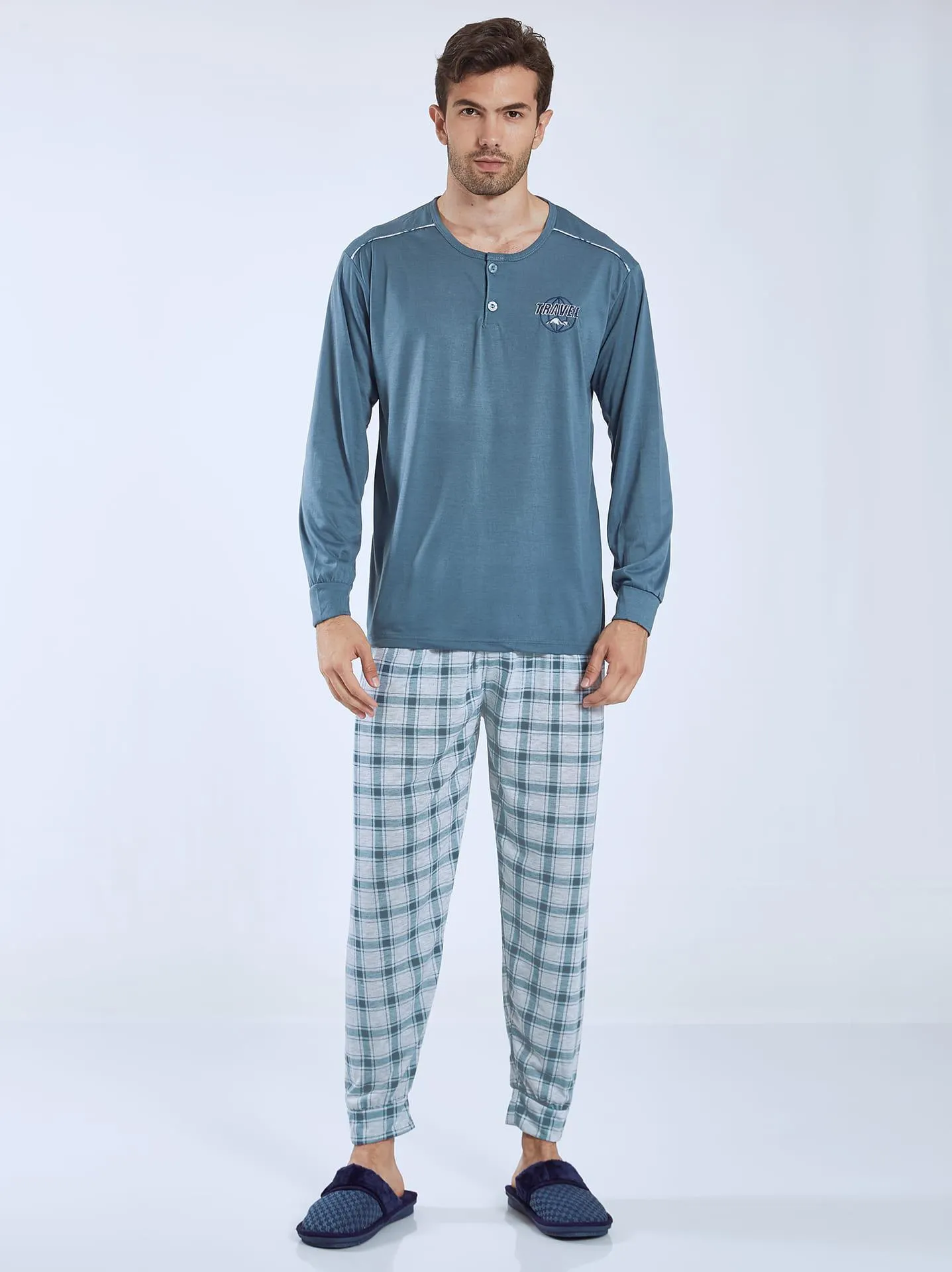Ανδρικό καρό σετ πιτζάμας σε μπλε ανοιχτό