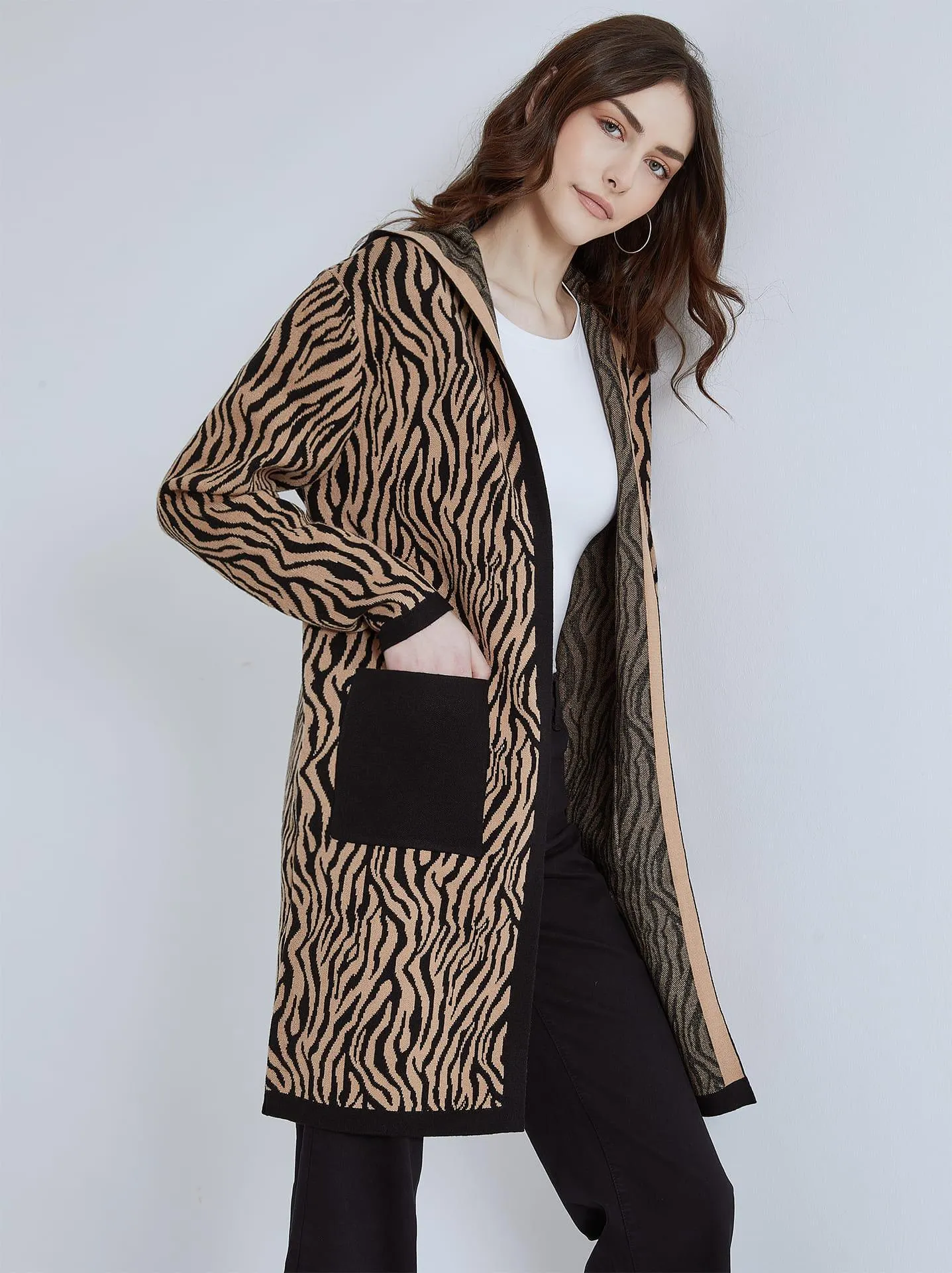 Ζακέτα σε animal print με κουκούλα σε καμηλό