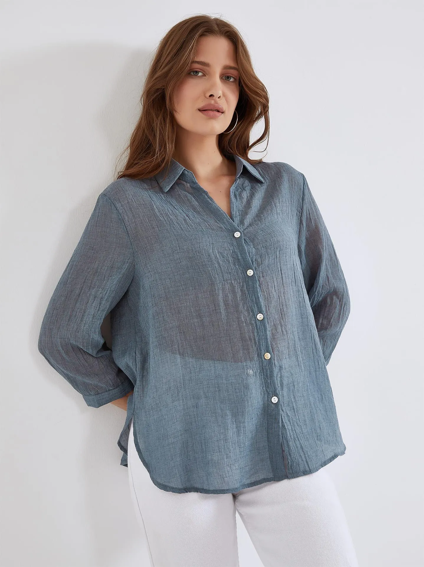 Ασύμμετρο πουκάμισο με λινό σε μπλε ραφ