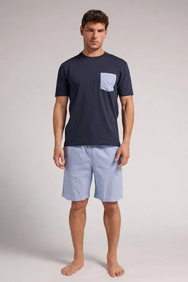 Κοντή Πιτζάμα με Βερμούδα από Γαλάζιο Ριγέ Ύφασμα