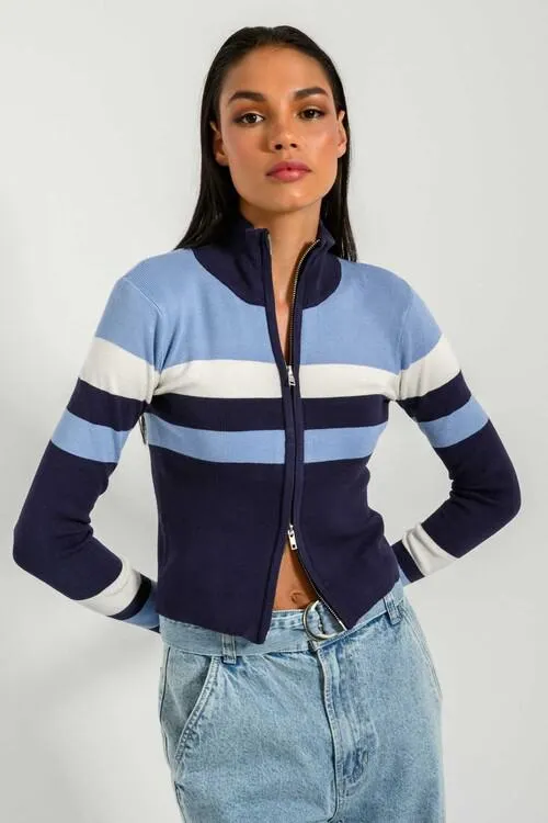 Πλεκτή ριγέ ζακέτα με διπλό φερμουάρ