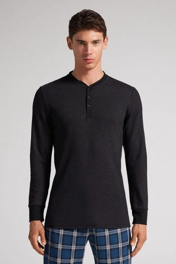 Μακρυμάνικη Μπλούζα από Ζεστό Βαμβακερό Ύφασμα με Κουμπιά στη Λαιμόκοψη